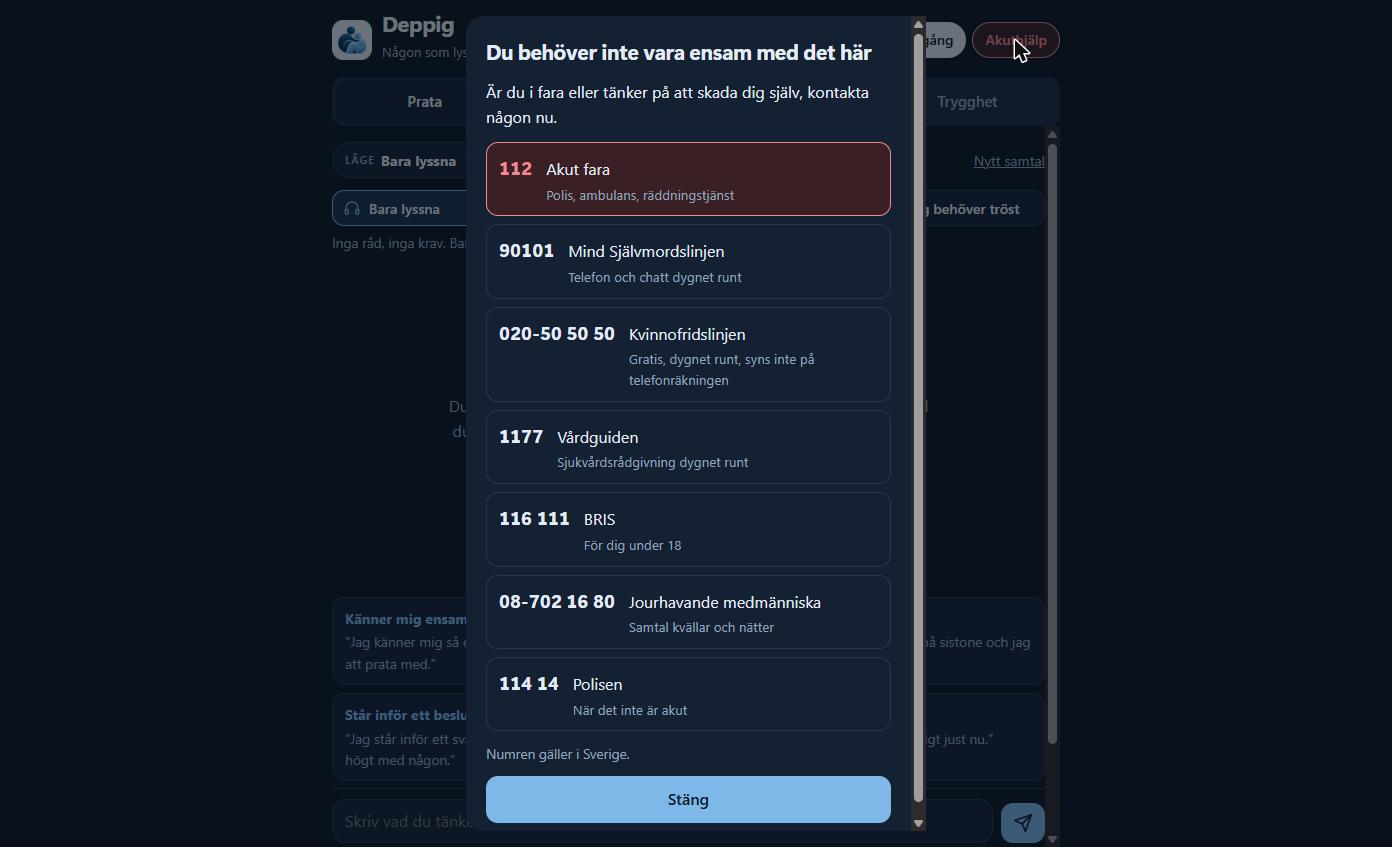 Deppig-appen – akuthjälp med 112, Mind Självmordslinjen, Kvinnofridslinjen, 1177 och BRIS