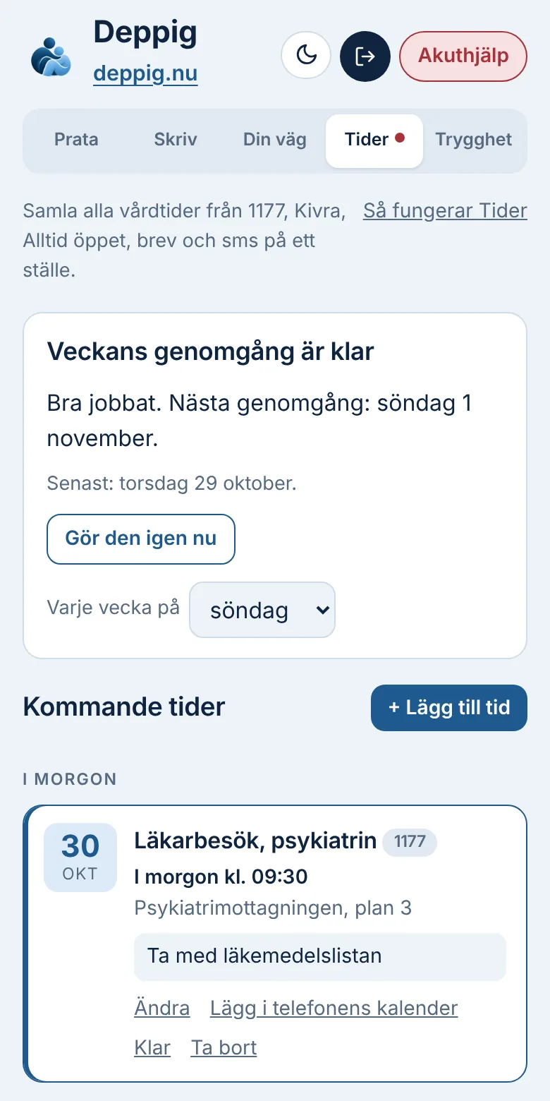 Deppig-appen – fliken Tider med veckans genomgång och en kommande tid hos psykiatrin
