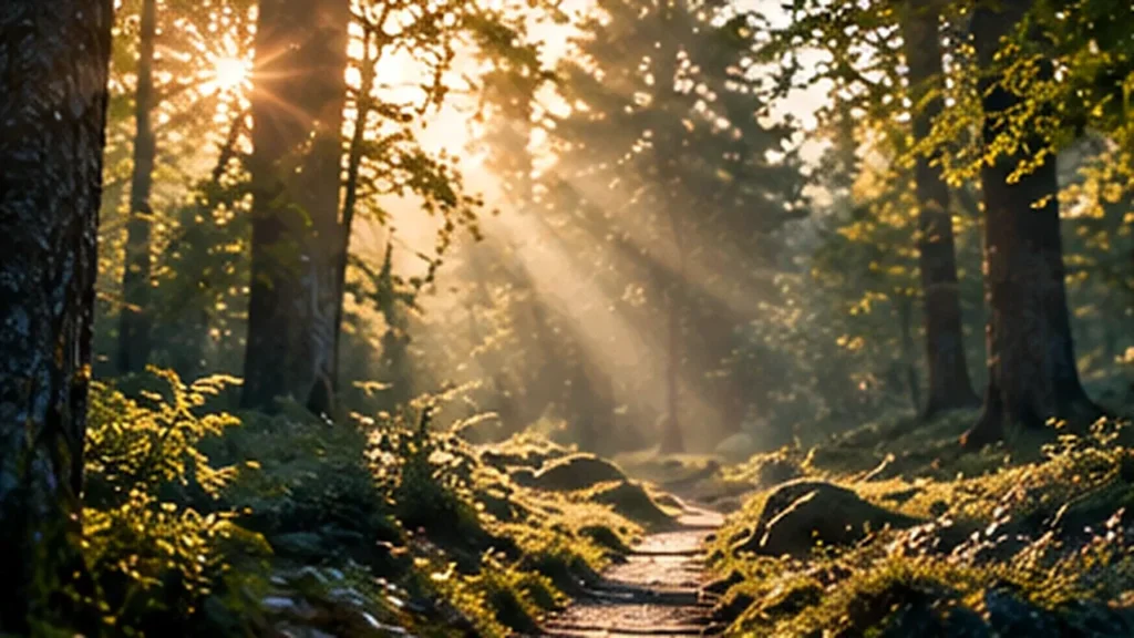 Solbelyst skogsstig som leder fram genom grönskande natur.